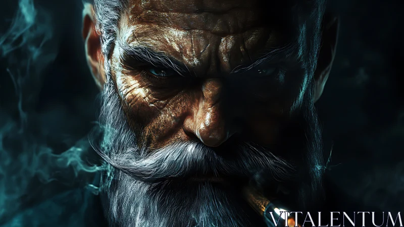 Weathered old sailor gazes through smoke with quiet resolve