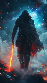 Hooded wanderer strides through cosmic embers and stormlight.