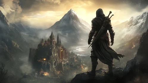 Lone wanderer watching a stormlit mountain kingdom burn.