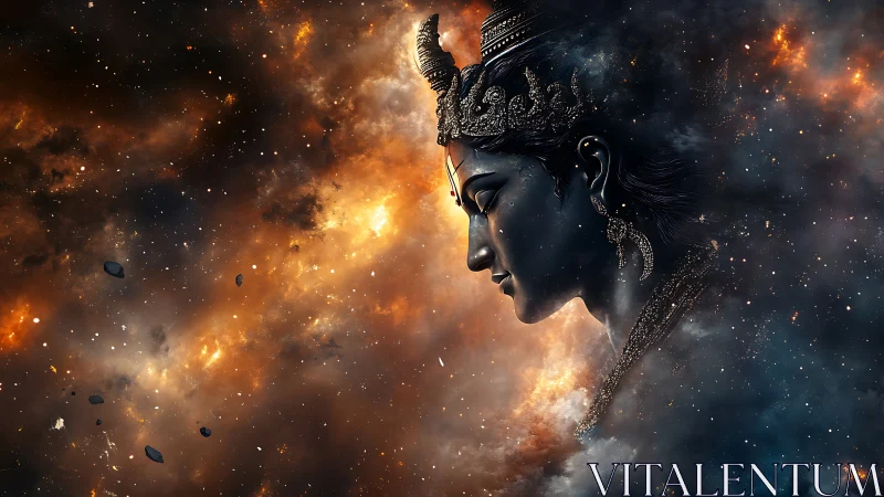 Cosmic goddess profile emerging from glowing nebula cloud.