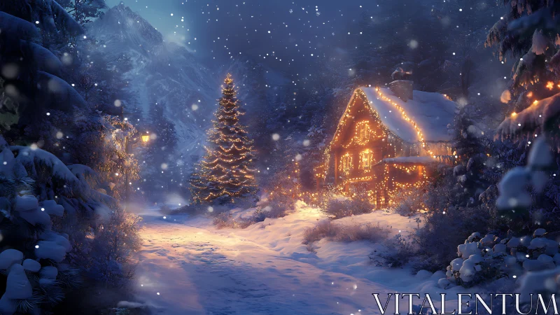 Snowlit cottage aglow with festive winter lights at dusk.