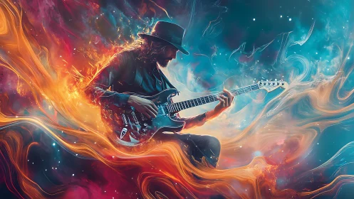 Electric guitarist framed by swirling abstract light field.