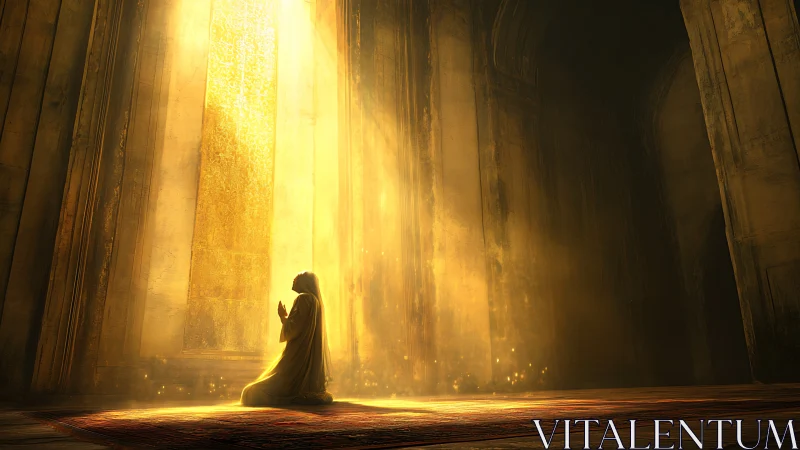 Golden volumetric light sanctifies lone kneeling figure in hall