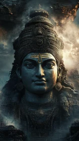 Colossal stone deity head emerging from misty ruins.