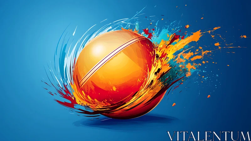 Dynamic orange cricket ball with explosive color splashes.