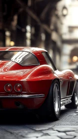 Crimson classic sports car glows warmly on a city street