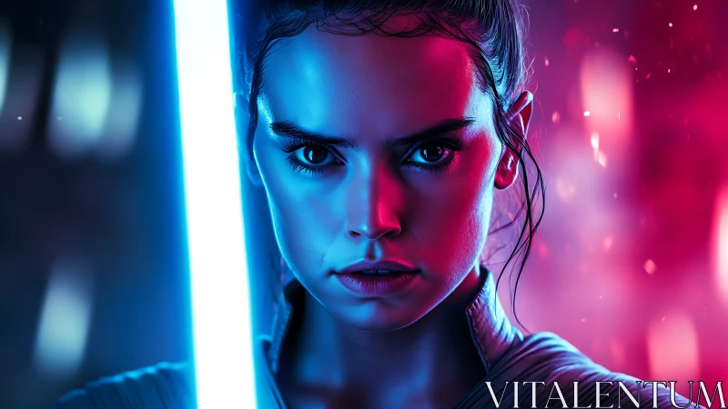 Intense sci‑fi heroine in neon rim lighting confronts viewer