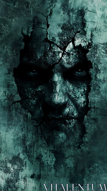 Cracked stone visage emerging from corroded teal wall.