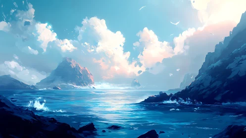 Luminous ocean bay with towering clouds and distant peak.