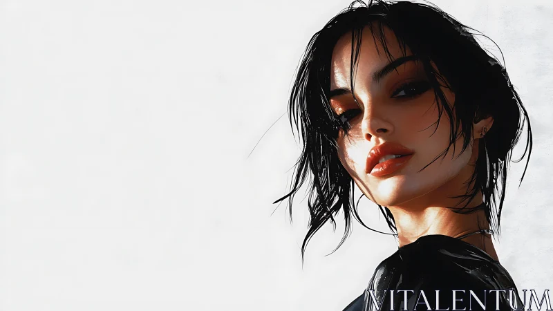 Digital portrait of woman with wet hair and white backdrop.