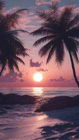 Digitally rendered tropical shoreline with sunset in frame