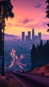 Sunset city skyline over winding highway from hillside view.