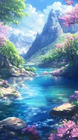 Mountain river valley with flowering trees under clear sky