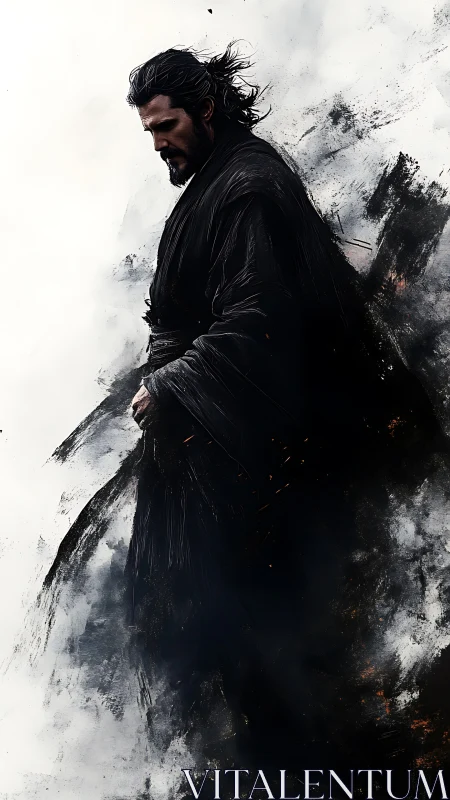 Solitary robed figure merges into abstract dark brushwork