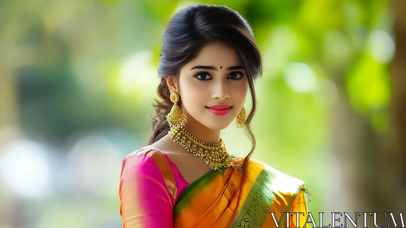 Woman wearing colorful silk saree and gold jewelry outdoors