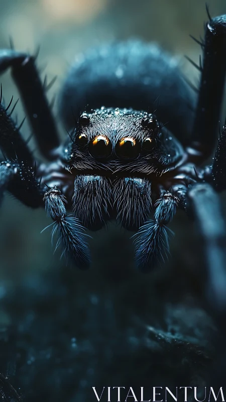 Macro telephoto capture of iridescent nocturnal spider visage.