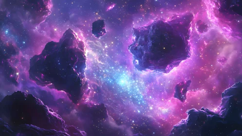 Glowing cosmic asteroids drifting through a violet nebula.