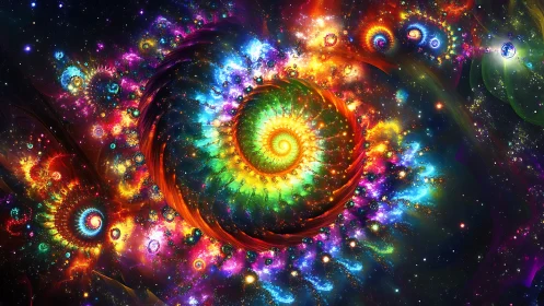 Radiant cosmic spirals swirling through a rainbow galaxy.