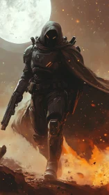 Moonlit cyber hunter striding through embers and ash.
