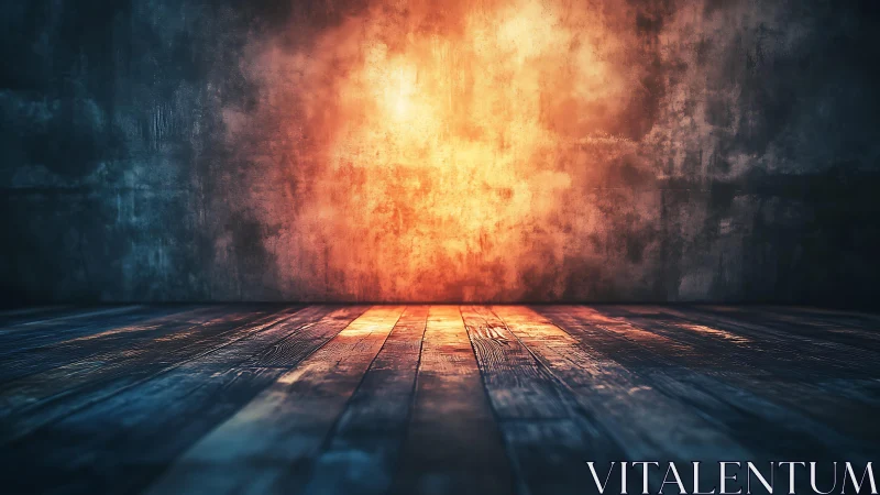 Rustic Wooden Floor with Dramatic Warm Lighting and Grunge Wall.