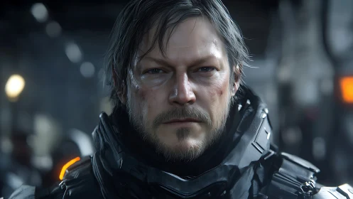 Middle aged man in futuristic armor with blurred lab background.