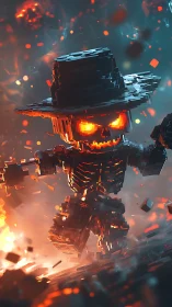 Voxel ember skeleton strides through a fiery digital storm.