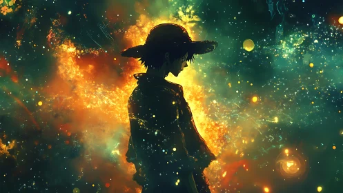 Silhouetted wanderer stands against luminescent cosmic nebula