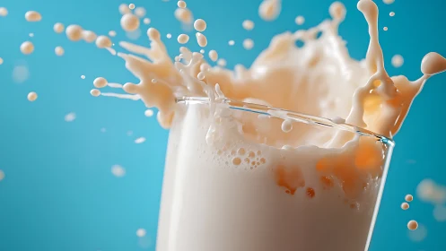 Milk splash freezes in midair over bright cyan backdrop.