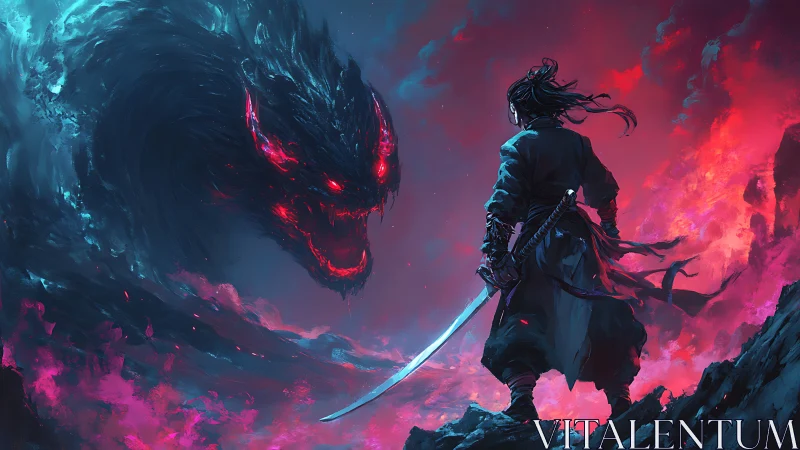 Samurai faces colossal demonic dragon in fiery storm sky.