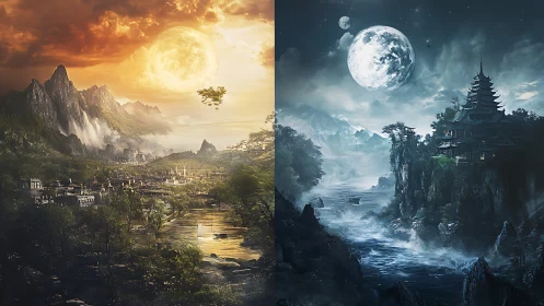 Dual fantasy realms divide sunlit valley and moonlit coast.