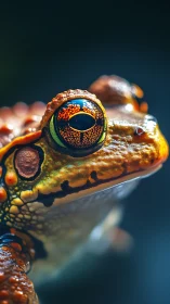Macro study shows detailed close-up of a frog’s patterned eye