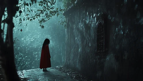 Solitary child in red amid misty forest wall shadows.