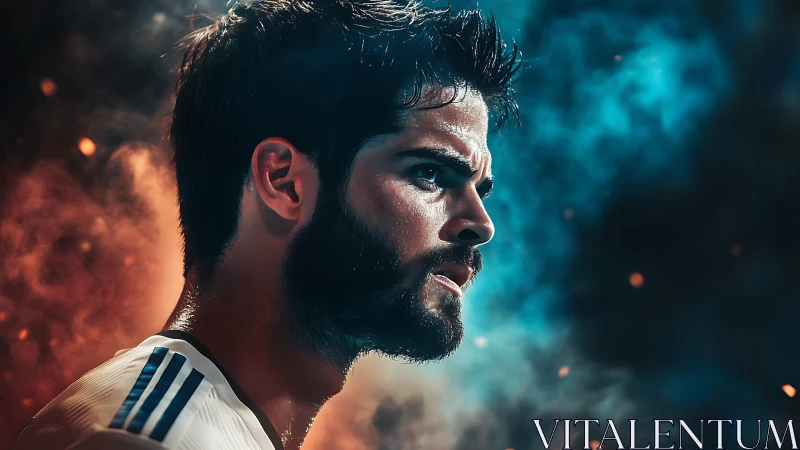 Intense athlete profile amid blue and orange stadium smoke.