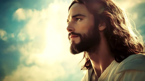 High-detail digital portrait of serene long-haired bearded man in backlit clouds