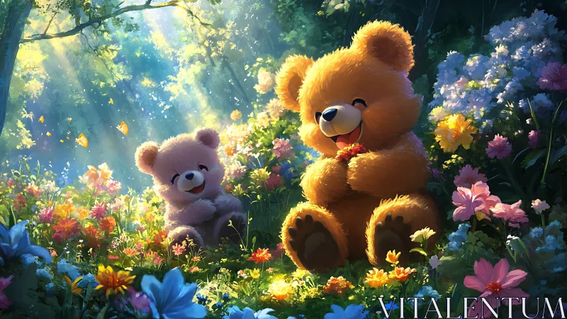 Two cartoon teddy bears in sunlit flower meadow scene.