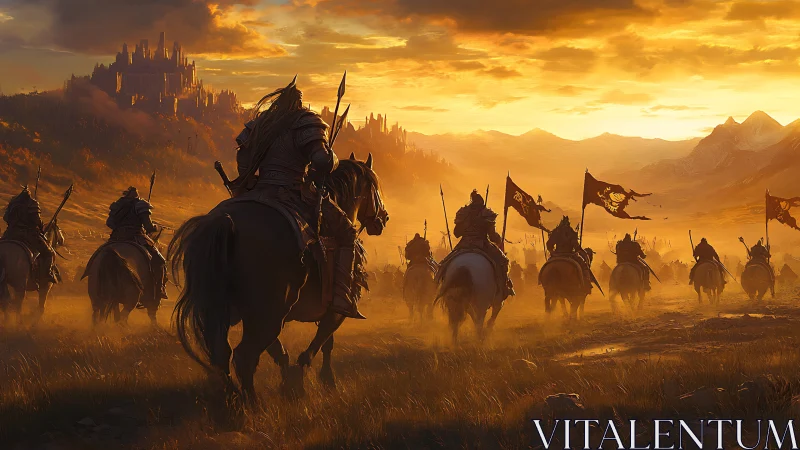 Armored cavalry rides toward distant castle at sunset