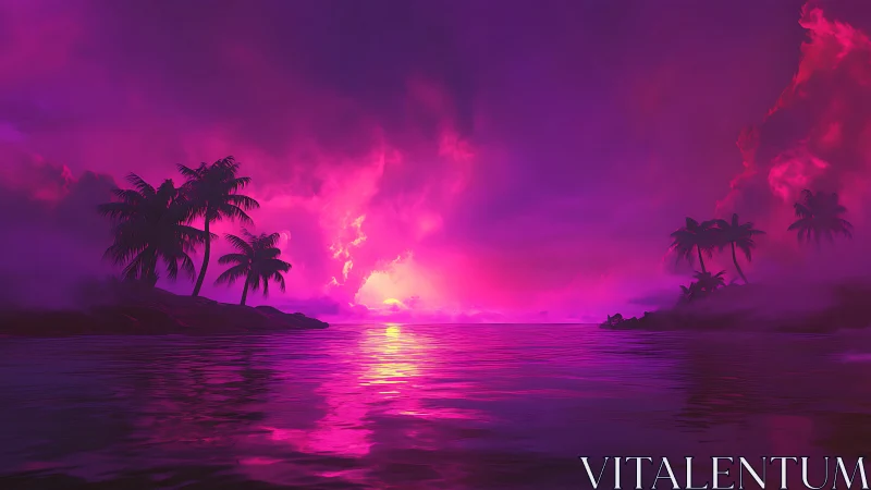 Neon Sunset Over Tropical Waters and Palm Islands