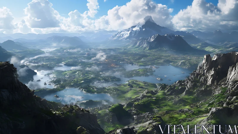 Epic fantasy valley with shimmering lakes under vast skies.