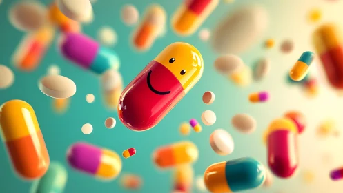 Colorful Capsules with Smiling Faces in Whimsical 3D Style.