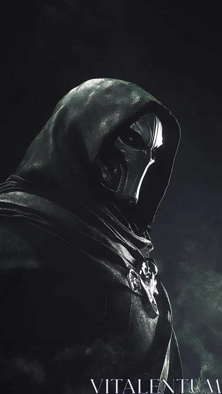 Hooded armored figure with reflective mask in low key lighting