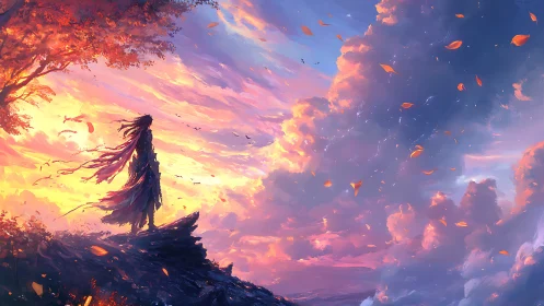 Dreamer on the cliff edge greeting a glowing sunset sky.