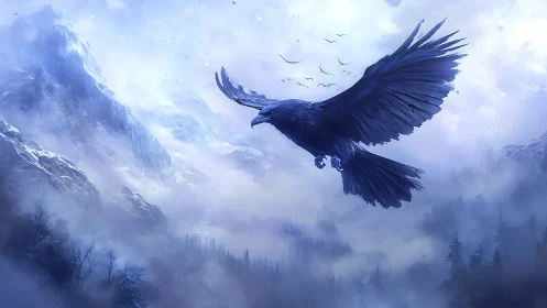 Large raven in dynamic flight over mist-laden alpine valley