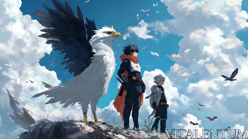 Young warriors and giant eagle gaze toward a boundless sky