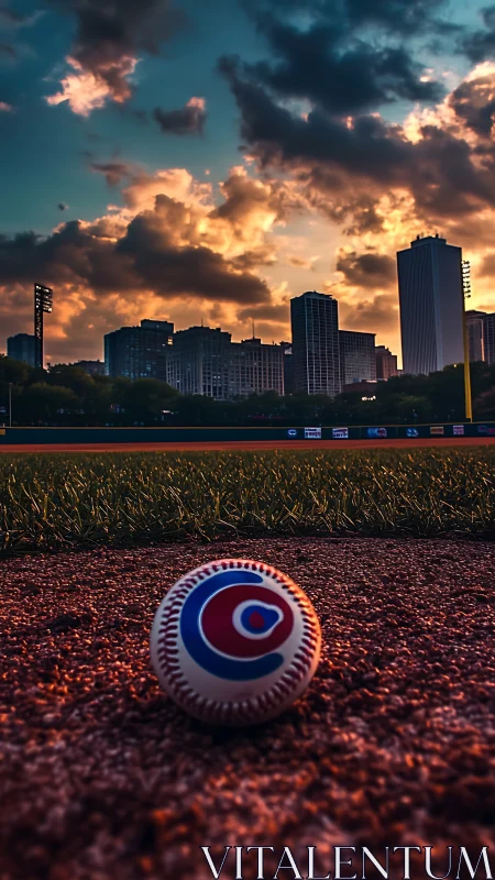 Baseball rests on infield dirt before sunset city skyline