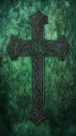 Celtic cross illustration on textured emerald background.
