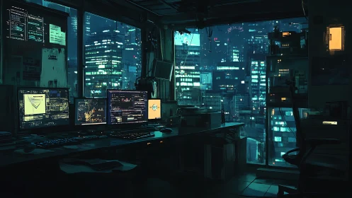 Neon skyline hacker&rsquo;s nest glows above the sleepless cityscape.