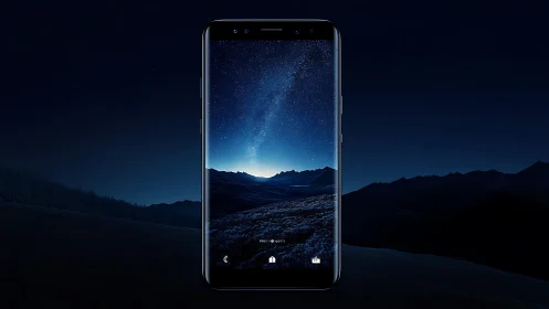 Smartphone displays nocturnal mountain landscape beneath starry sky.