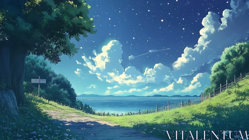 Starlit coastal path curves toward a tranquil, moonlit sea.