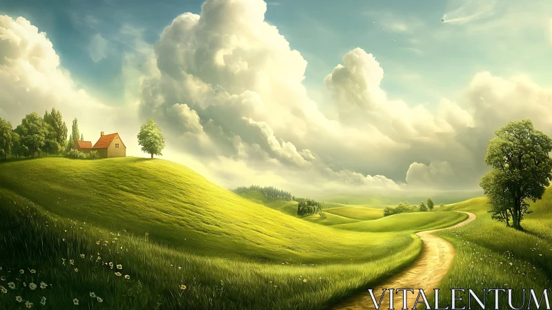 Sunlit rural cottage crowns rolling green hills under clouds