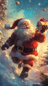 Joyful Santa dashes through sparkling snow with a gift.